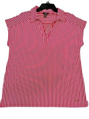 PINK STRIPED Jones New York Collared V-Neck Top. CAP SLEEVES.